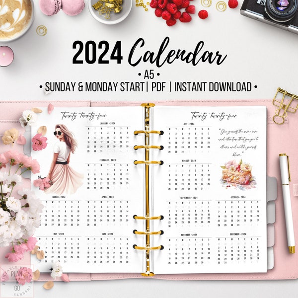 2024 Printable Calendar, 2024 Yearly Calendar, Year At A Glance, Planner Girl Theme, Sunday and Monday Start, Yearly Overview, A5