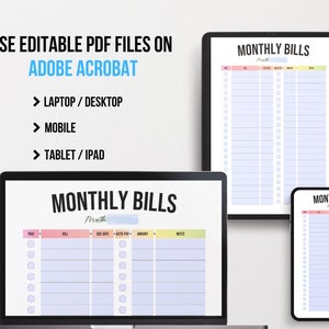 May include: A digital planner for tracking monthly bills. The planner is shown on a laptop, tablet, and phone. The planner has columns for bill name, due date, amount, notes, and a checkbox for paid. The planner is designed to be used with Adobe Acrobat.