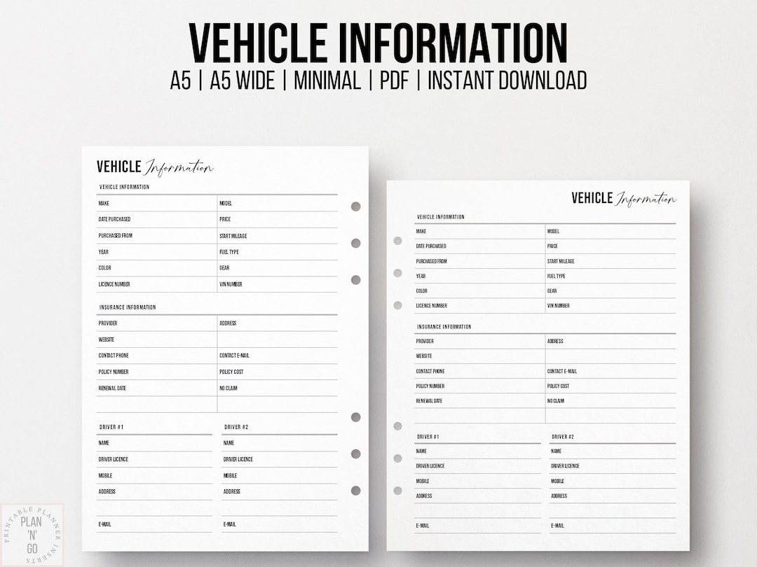 Vehicle Information Log, Printable Car Info Sheet, Minimalist Insert ...