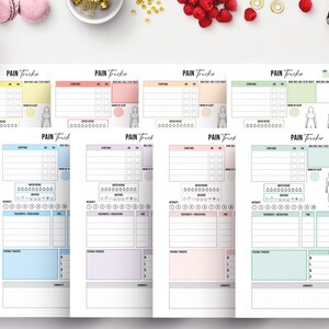 以下が含まれることがあります： 異なる色の印刷可能な痛み追跡ページが8枚。各ページには、症状、痛みのレベル、睡眠、薬、治療、痛みの場所をマークするための体の輪郭が含まれています。