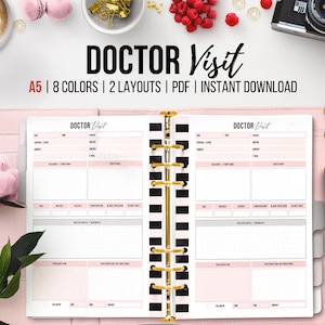 Può includere: Un planner di visite mediche stampabile in formato A5 con 8 opzioni di colore e 2 layout. Il planner include sezioni per data, ora, ospedale, medico, motivo della visita, sintomi, domande, peso, altezza, temperatura, pressione sanguigna, frequenza cardiaca, note del medico, diagnosi, prescrizione, istruzioni per la prescrizione, follow-up, data, ora e contatto.