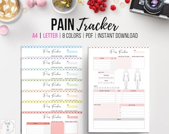 May include: A printable pain tracker titled "PAIN Tracker" in black script. The design includes sections for symptoms, sleep, and treatments. The image also shows a variety of colourful, dotted border designs.