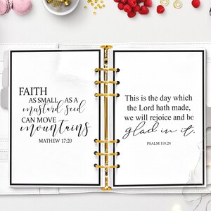 A collection of printable A5 Bible verse dashboards, featuring designs with quotes from Mathew 17:20 and Psalm 118:24