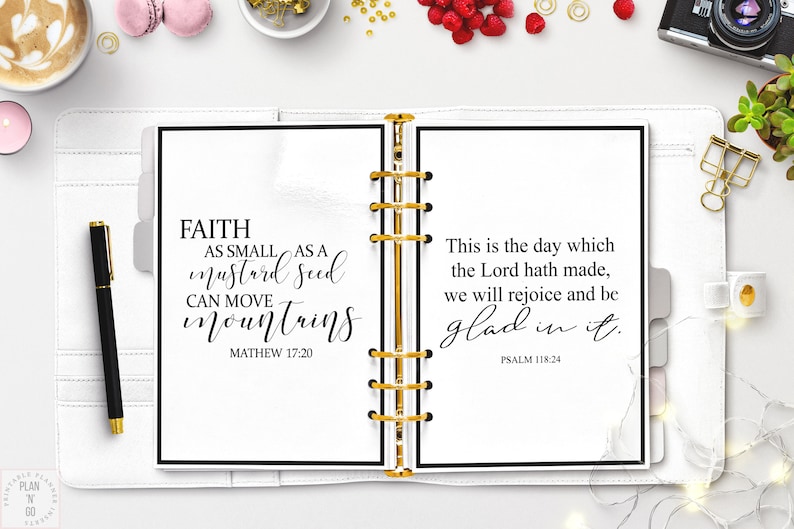 A collection of printable A5 Bible verse dashboards, featuring designs with quotes from Mathew 17:20 and Psalm 118:24
