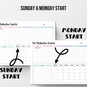 May include: Two IVF medication tracker printable planner inserts. One starts on Sunday, the other on Monday. The top of each page has a section for the cycle days. The bottom has a calendar with pastel colors.