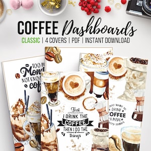 Coffee Planner Dashboard, Printable Planner Cover, Set of 4, Coffee Themed Planner Divider, Watercolor Travel Coffee Mug, Classic Happy