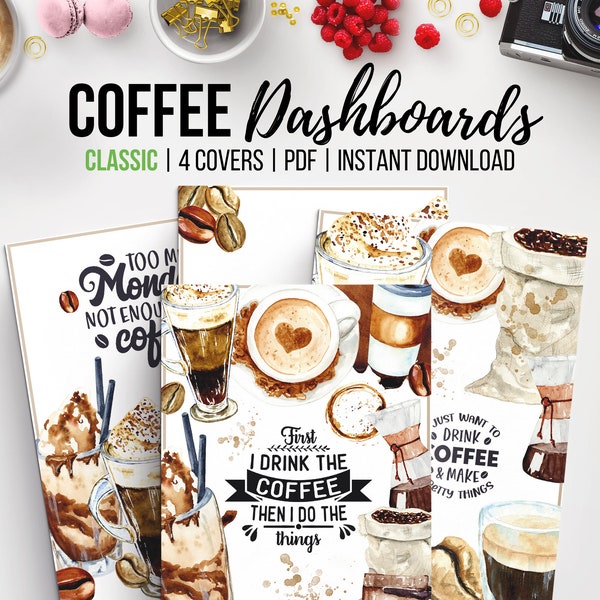 Coffee Planner Dashboard, Printable Planner Cover, Set of 4, Coffee Themed Planner Divider, Watercolor Travel Coffee Mug, Classic Happy