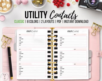 Utility Contacts Printable, Household Organizer, Utility Providers List, Utility Service Contact List, Utility Information, Classic HP