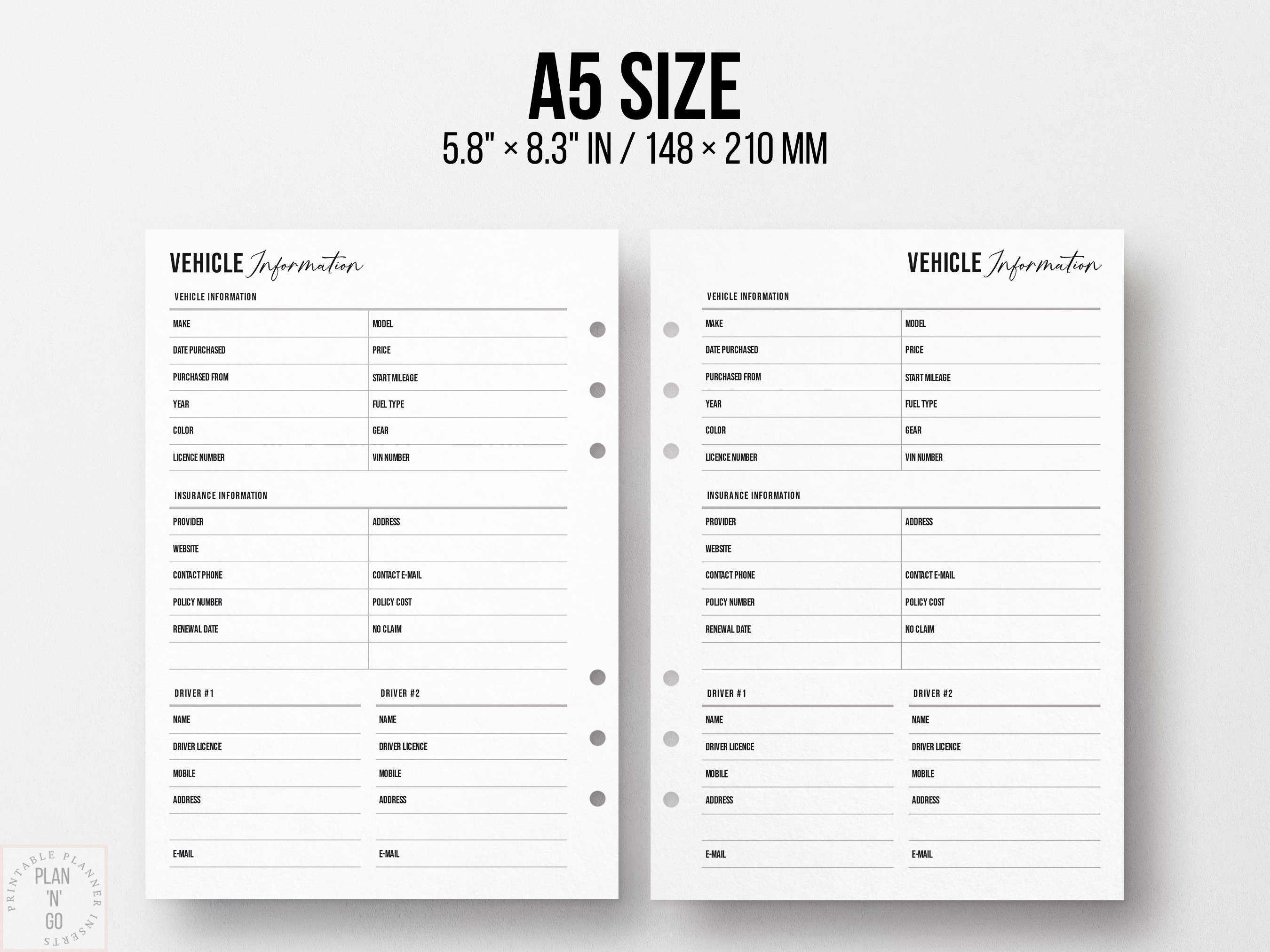 Vehicle Information Log, Printable Car Info Sheet, Minimalist Insert ...