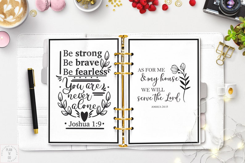A collection of printable A5 Bible verse dashboards, featuring designs with quotes from Joshua 24:15 and Joshua 1:9