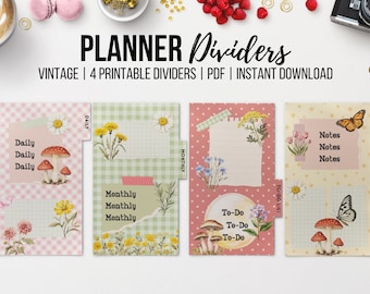 Printable Planner Divider, Personal Size, Cute Vintage Flower, Notes Pages, To Do List, Monthly and Daily Tabs