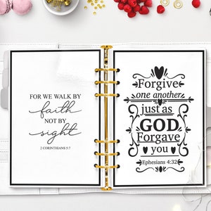 A collection of printable A5 Bible verse dashboards, featuring designs with quotes from Ephesians 4:32 and 2 Corinthians 5:7