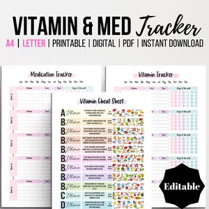 Registro de vitaminas editable, hoja de referencia de vitaminas imprimible, registro de suplementos dietéticos, cuadro de nutrientes, programa de medicación, A4, carta