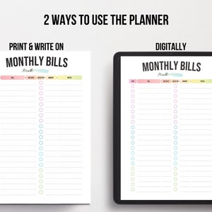 May include: A printable monthly bill tracker with a colorful design. The tracker has columns for bill name, due date, auto pay, amount, and notes. The tracker can be printed and written on or used digitally.
