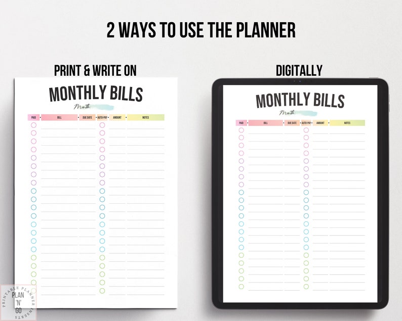 May include: A printable monthly bill tracker with a colorful design. The tracker has columns for bill name, due date, auto pay, amount, and notes. The tracker can be printed and written on or used digitally.