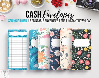 Printable Cash Envelopes, Money Envelope, Envelope Template, Savings Challenge, Spring Flower Theme, Vertical Layout, Set of 5