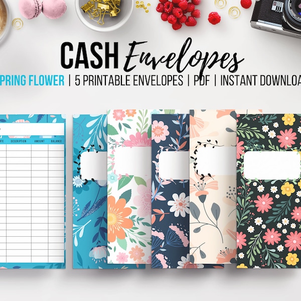 Printable Cash Envelopes, Money Envelope, Envelope Template, Savings Challenge, Spring Flower Theme, Vertical Layout, Set of 5