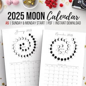 2025 Moon Calendar, Printable Monthly Planner, Sunday & Monday Start, Monthly Cycles of the Moon&#39;s Phases, A5 Planner Insert
