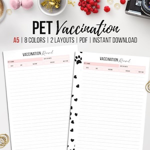 Pet Vaccination Log, Dog Health Record, Medical History for Pets, Pet Care Template, Printable Pet Planner Insert, A5