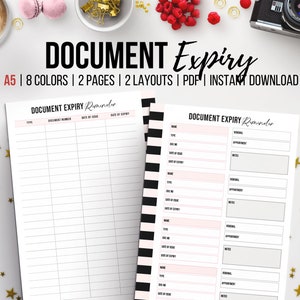 Puede incluir: Un planificador de recordatorio de vencimiento de documentos imprimible con dos diseños diferentes. El planificador tiene rayas blancas y negras con acentos rosados. El texto en el planificador dice "Document Expiry Reminder".