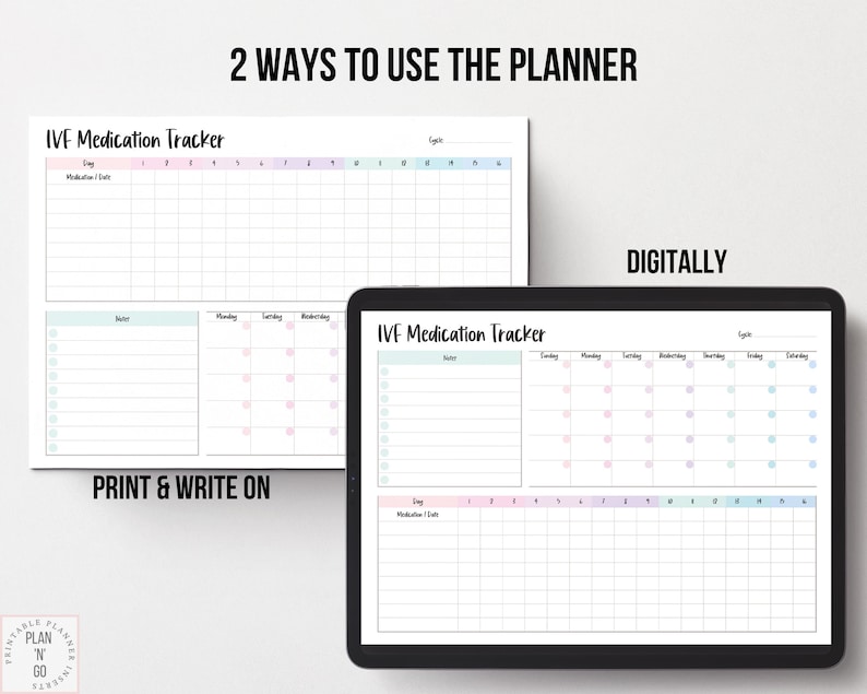 May include: A digital and printed IVF medication tracker. The printed version is on a white background, while the digital version is on a tablet. The text "2 Ways to Use the Planner" is at the top. The text "Print & Write On" and "Digitally" are also visible.