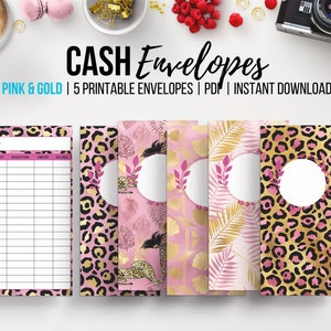Druckvorlage Bargeldumschlag, Geldumschlag-Tracker, persönliche Finanzierung, rosa und goldenes Spar-Umschlag, vertikales Layout, Bargeldaufschlüsselung, 5er-Set