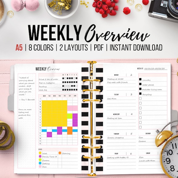 Week at a Glance, Printable Week Organizer, Undated Planner, Weekly Schedule, Weekly Overview Planner, Planner on Two Pages, A5