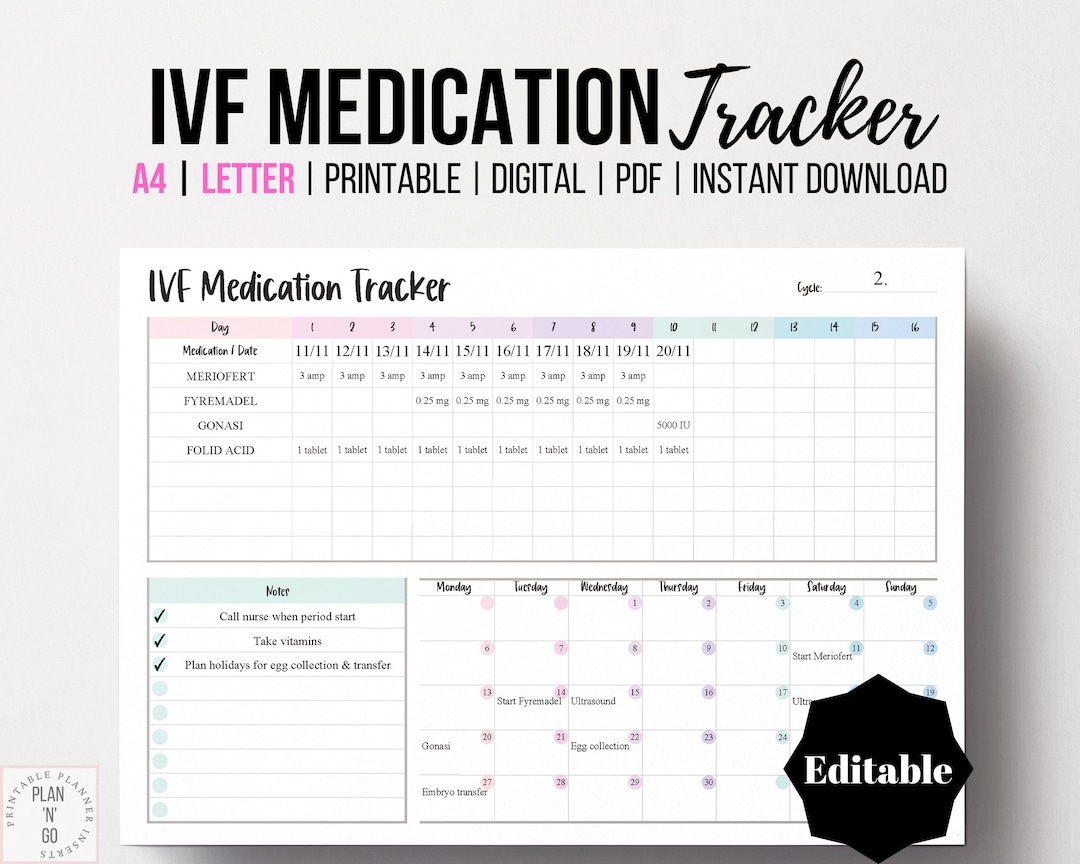 IVF Medication Tracker, Editable Conception Organizer, Sunday Start