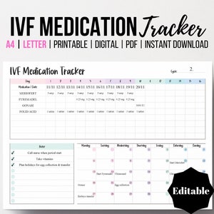 IVF Medication Tracker, Editable Conception Organizer, Sunday Start, IVF Calendar, Printable IVF Journal, Medication Organizer, A4, Letter