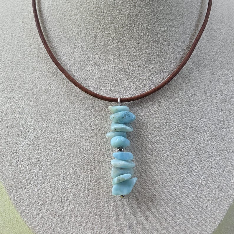 Larimar Natural Rare Gemstone Pendant Necklace Healing Anxiety Stress Relief Trust Love Good Luck Charm Boho Hippie Leo Pisces Leather Steel image 3