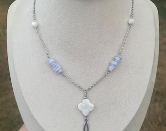 Mother of Pearl Clover Necklace with Blue Lace Agate, Stainless Steel chain and horse eye charm. Simple, Modern, and Sophisticated Design