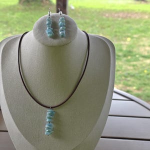 Larimar Natural Rare Gemstone Pendant Necklace Healing Anxiety Stress Relief Trust Love Good Luck Charm Boho Hippie Leo Pisces Leather Steel image 4