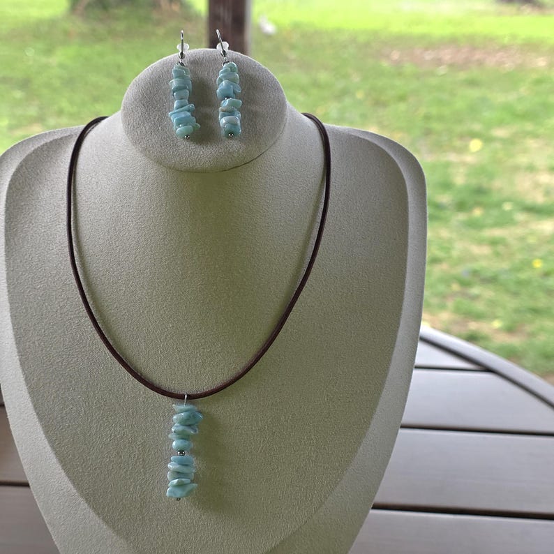 Larimar Natural Rare Gemstone Pendant Necklace Healing Anxiety Stress Relief Trust Love Good Luck Charm Boho Hippie Leo Pisces Leather Steel image 4
