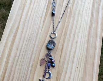 Abalone Pearl Charm Long Boho Necklace Hippie Unique One of a Kind Handmade Gift Infinity Love Moon Star Dragonfly Peacock Purple Steel