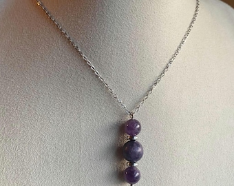 Amethyst Lepidolite Pendant Y Necklace Calming Sleep Aid Sobriety Support Beaded Pendant Stainless Steel Boho Hippie Gemstone