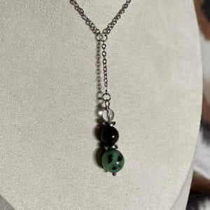 Ruby Zoisite Gold Sheen Obsidian Clear Quartz Pendant Lariat Y necklace Stainess Steel Chain Genuine Gemstone Zodiac Gemini Aries Aquarius
