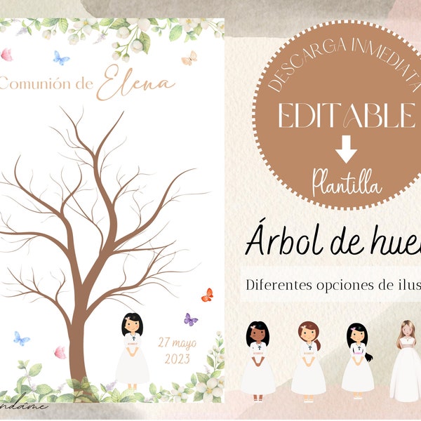 EDITABLE Árbol de Huellas Comunión, Libro de Firmas Primera Comunión, Fingerprint Tree, Albero delle Impronte, Recordatorio Descargable