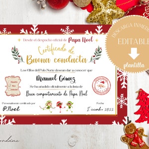 Puede incluir: Un certificado imprimible rojo y blanco con borde dorado. El certificado dice "Certificado de Buena Conducta" y es de "Papa Noel". El certificado es para "Manuel Gómez" y dice que ha sido añadido a la lista de "Buen comportamiento de Papa Noel". El certificado está fechado "Diciembre 2022".