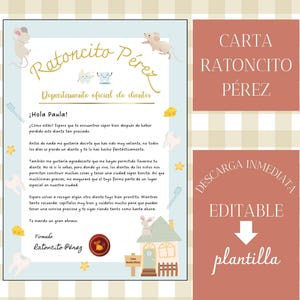 Könnte beinhalten: Ein druckbarer Brief vom Zahnfee, Ratoncito Perez, an ein Kind namens Paula. Der Brief ist in Spanisch geschrieben und zeigt eine Comicmaus mit einer roten Fliege. Der Brief ist mit einem blau-weiß karierten Hintergrund und einem Comichaus verziert.