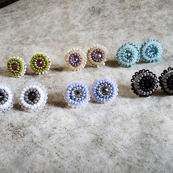 0.5" Swarovski Crystal Beaded Stud Earrings | Indigenous | Black | White | Blue | Purple | Grey | Silver | Gold | Cute | Small | Handmade