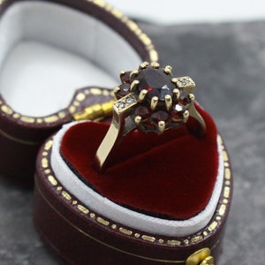 Vintage 9ct Yellow Gold Garnet & Diamond Ring - Handmade 1970s