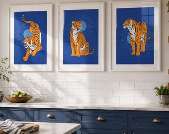 Indigo Tiger Wall Art Safari Animal Prints, Royal Blue Art Set of 3 Prints, Navy Blue 3 Piece Wall Art, Tiger Illustration Bathroom Art