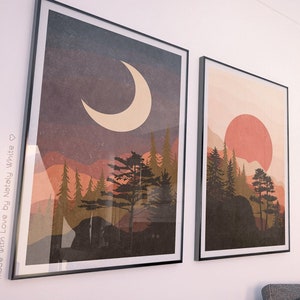 Printable Wall Art Set Of 2 Abstract Prints Wall Art Prints Download Modern Art Poster, Sun And Moon Print Day And Night, Mountain Landscape