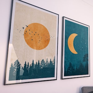 Art Prints Download Sun And Moon Print Set Of 2 Wall Art Printable, Abstract Navy Blue Wall Art Digital Download Prints, Day And Night Art