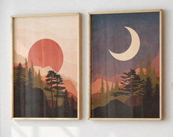 Printable Wall Art Set Of 2 Abstract Prints Wall Art Prints Download Modern Art Poster, Sun And Moon Print Day And Night, Mountain Landscape