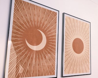 Terracotta Wall Art Set of 2 Prints, Sun And Moon Art Print, Bedroom Wall Decor Boho, Bedroom Prints Wall Art, Living Room Wall Decor Boho