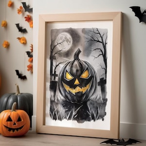 Vintage Halloween Pumpkin Print: Spooky Black & White Watercolor (Digital Download)