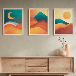 Set of 3 Colorful Wall Art Abstract Landscape Prints, Bright Abstract Mountains Print With Sun and Moon, Brunt Orange and Teal Blue Wall Art
