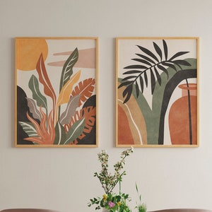 Digital Prints Wall Art Boho Modern Decor, Boho Art Prints Set Of 2, Orange Wall Art Print Boho, Colorful Art Tropical Leaf Print Wall Art