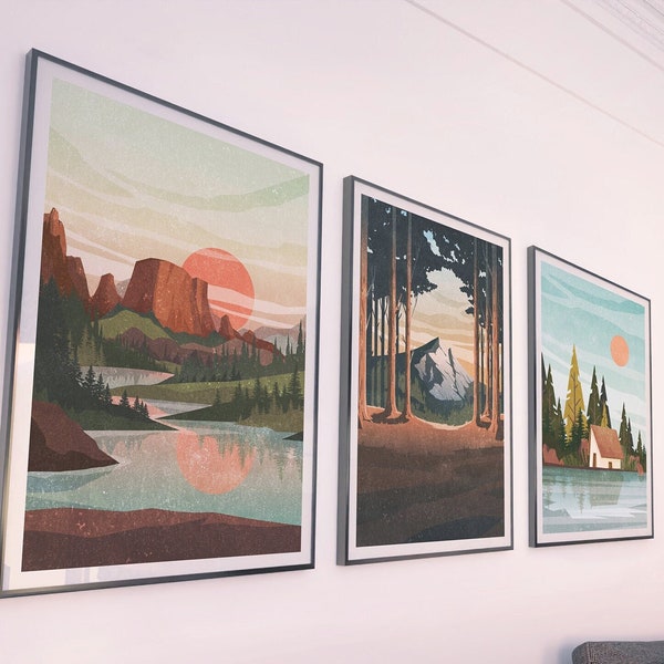 Stampa di paesaggi montani astratti Set di 3 stampe artistiche da parete Scarica Paesaggio, Set di tre stampe Stampe del Parco nazionale Lake House Art